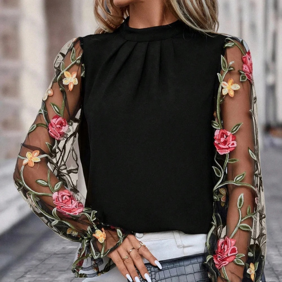Floral Embroidery Mesh Flounce Sleeve Mock Neck Blouse - Picture 1 of 5